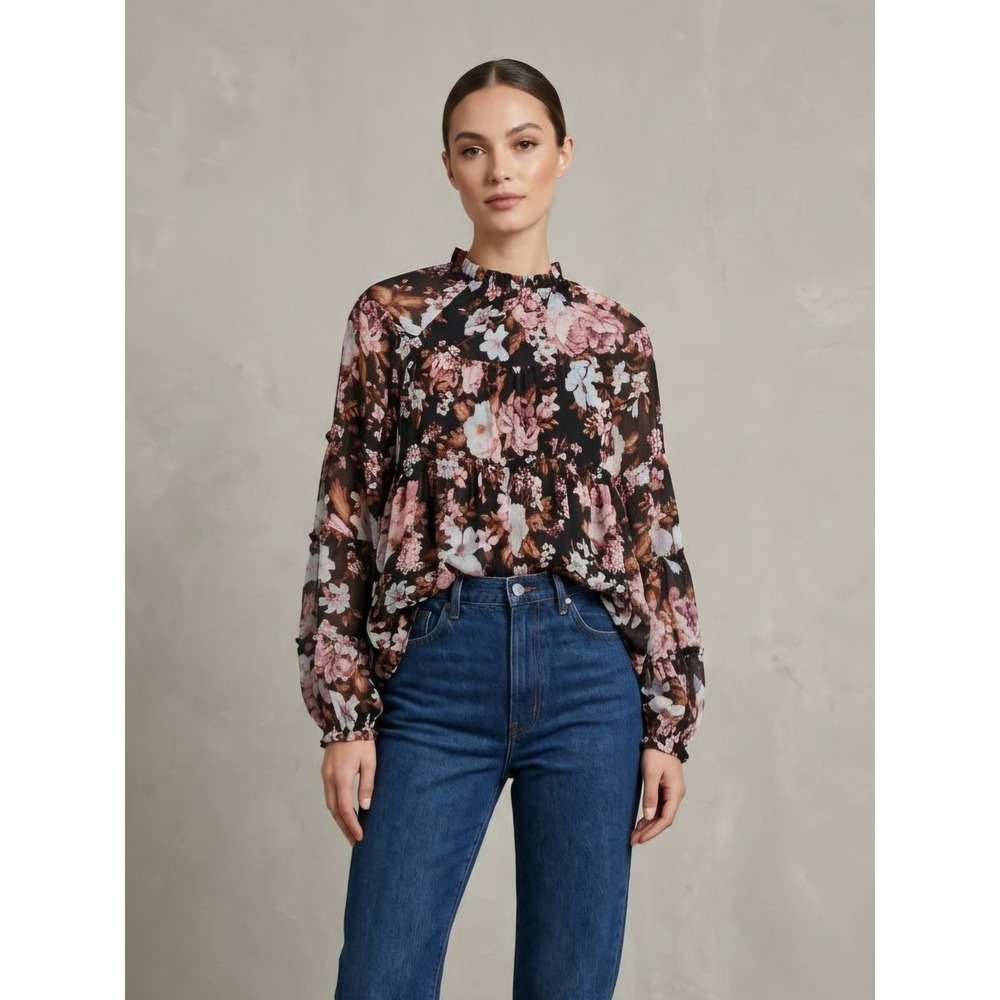 o.p.t. Floral Ruffle High Neck Tiered Babydoll Chiffon Blouse Small